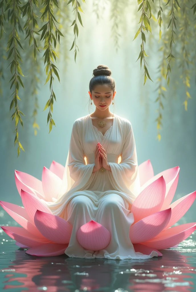 drawing of a beautiful girl wearing a white robe, holding a willow branch and sitting on a pink lotus, she is the reincarnation of Bodhisattva Avalokiteshvara