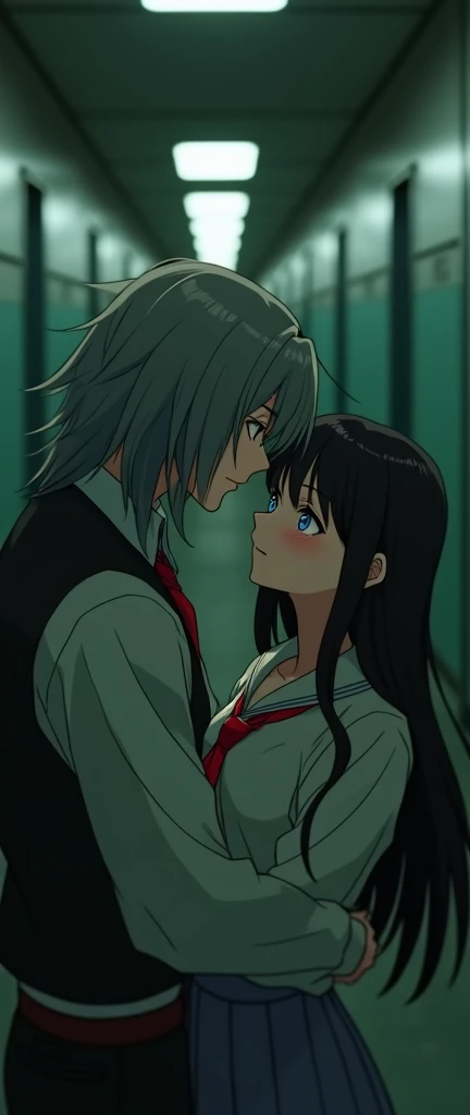 (32K:1.9, Highest quality, masterpiece, Ultra-high resolution), Perfect dynamic composition:1.3, Highly detailed skin and facial textures:1.3, Cute sexy slim Japanese schoolgirl, Tall and slim man, (Man hugging woman:1.3), Fair skin, ((Clarity:1.1)), (Man is anime「Demon slayer」Duma, Long silver-blonde hair, Rainbow Eyes:1.5), (The woman is wearing a uniform with a red tie:1.3, Straight black hair.:1.3, smile:0.9, A man completely charms a woman:0.9, beautiful Blue Eyes, beautiful, Clear Eyes:0.8), Sexy Face:0.4, blush:1.1, (beautifulエロティシズムを醸し出す雰囲気:0.8), Professional random camera work, Cinematic Lighting Effects, (Full Body Shot), (Too erotic), romantic, mysterious, Object of admiration, original, dramatic, artistic, Innovative, charm, Heartful, Fancy, Tilt, sense of loss, special, exciting, Extreme, sense of openness, joy, joyの表現, ((若さのcharm, 女性的なcharm))