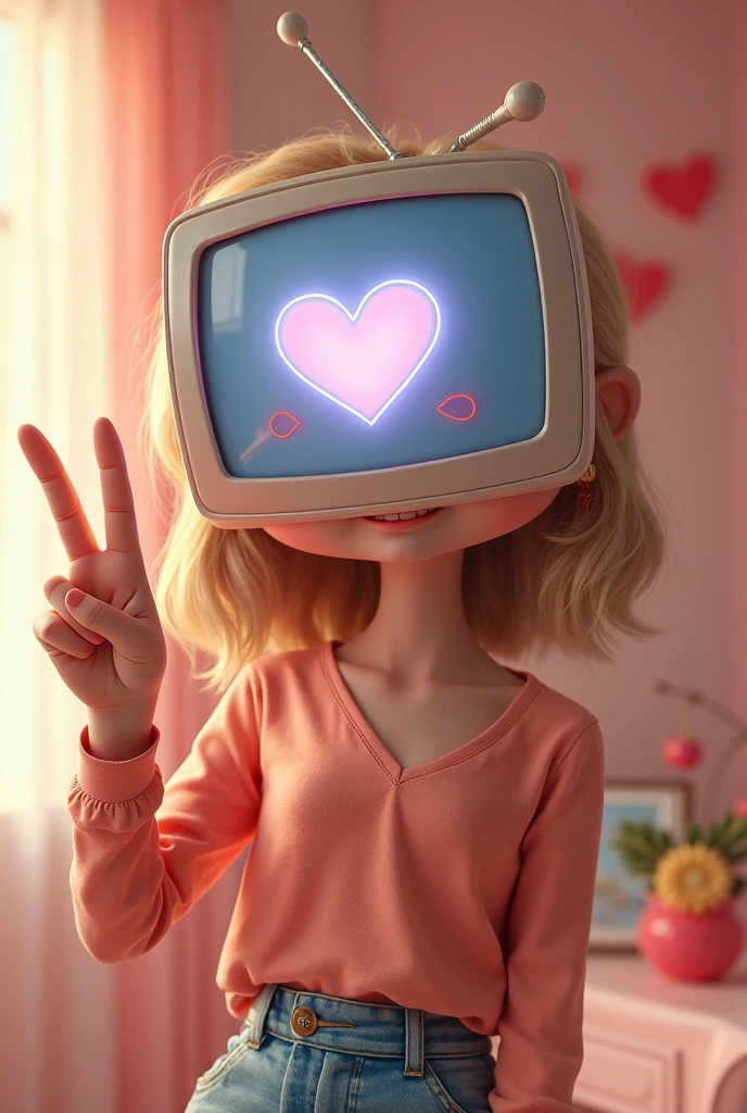Cute girl with Tv head with heart on the screen posing with peace sign.