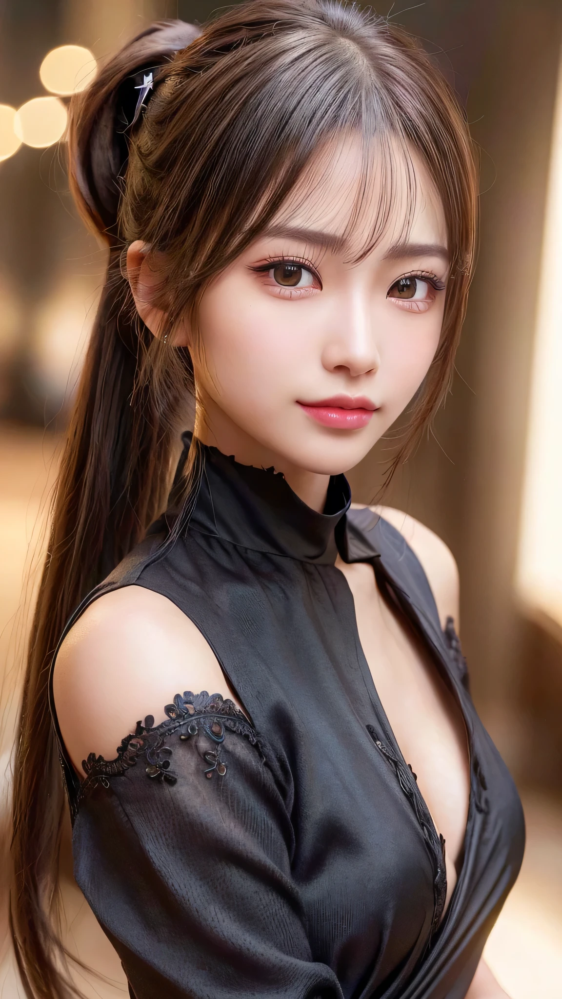 Full body shot,Fashion show,walking down the runway in a long expensive black dress,Ultra-detailed, finely detail, hight resolution, 8K Wallpaper, Perfect dynamic composition, Beautiful detailed eyes,,Close-up of face,,Blushing,Facing forward,Long hair ponytail,((8k, Raw photo, Best Quality, Mastepiece:1.2), (Realism, Photorealistic:1.4), (Highly detailed 8K wallpapers), Depth of written boundary, Cinematic Lighting, Soft Light, Detailed Beauty Eye,Shiny and smooth light brown ponytail, Asymmetrical bangs, Shiny skin, Ultra-detailed skins ,It is high resolution., High detail, Detailed hairstyle, Detailed facial beauty, Hyper-realistic, Perfect limbs, Perfect Anatomy ,Of Japanese,Famous Japanese Idols, Perfect female body,A shy smile,Short eyelashes,Double-edged eyelids,Look straight here,Hair style: ponytail,