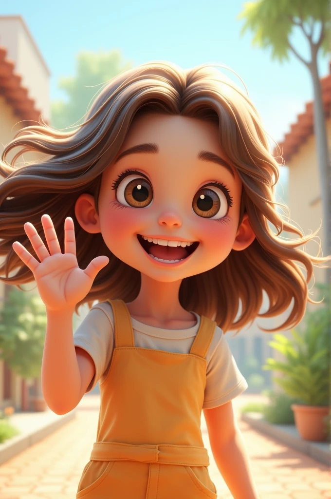  girl waving, with brown hair