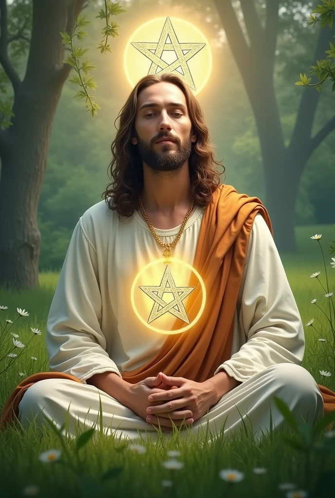A thin horizontal Christian banner with the motto: "An encounter with God, in harmony and melody", that bears the image of Jesus and a pentagram, all in a green field