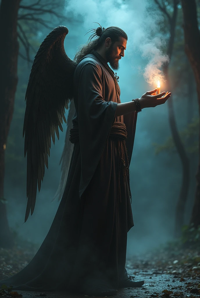 The shaman has three arms and a wing from behind his shoulder, his breath lights a candle