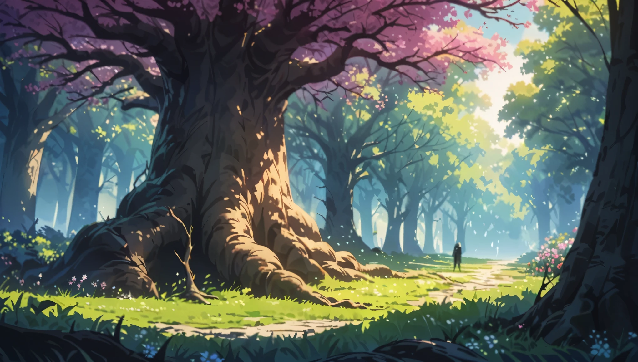 At the edge of the road stands a huge oak tree with broken branches and bark covered with old sores. The oak tree is two girths wide, with clumsy, gnarled arms and fingers, it looks angry and ugly. It stands among the smiling birches that make up the forest. Spring, sun, flowers and grass surround the oak tree, but it remains gloomy, motionless and ugly. Dead firs are visible in the distance., wide shot, from side, atmospheric perspective, perspective, 8k, 4K, highres, best quality, award winning, super detail, masterpiece