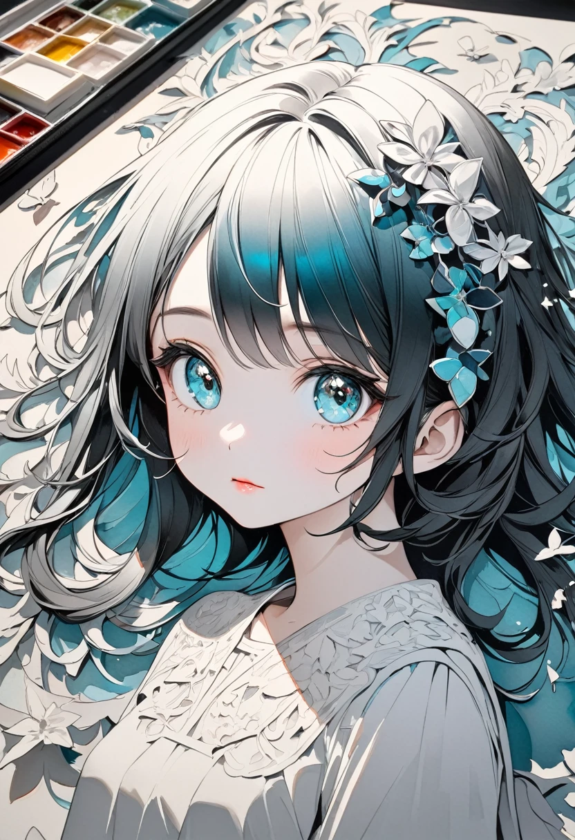 Monochrome Tiffany Blue, Paper Cutting, best quality, Super Fine, 16K, Ridiculous, Extremely detailed, Delicate and dynamic, Fusion of watercolor and oil painting, Mix of monochrome and color, Cute girl portrait, Three-dimensional effect through light and shadow, eye-catching effect, modern Art