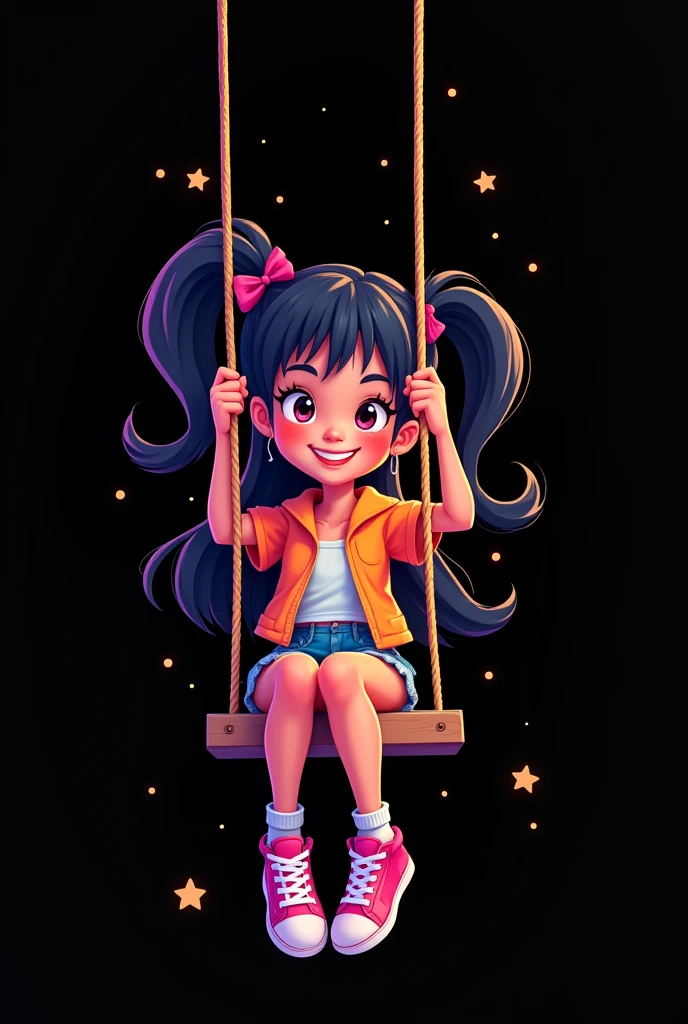 Cartoon image of a pop girl sitting on a swing, the background of the image is black