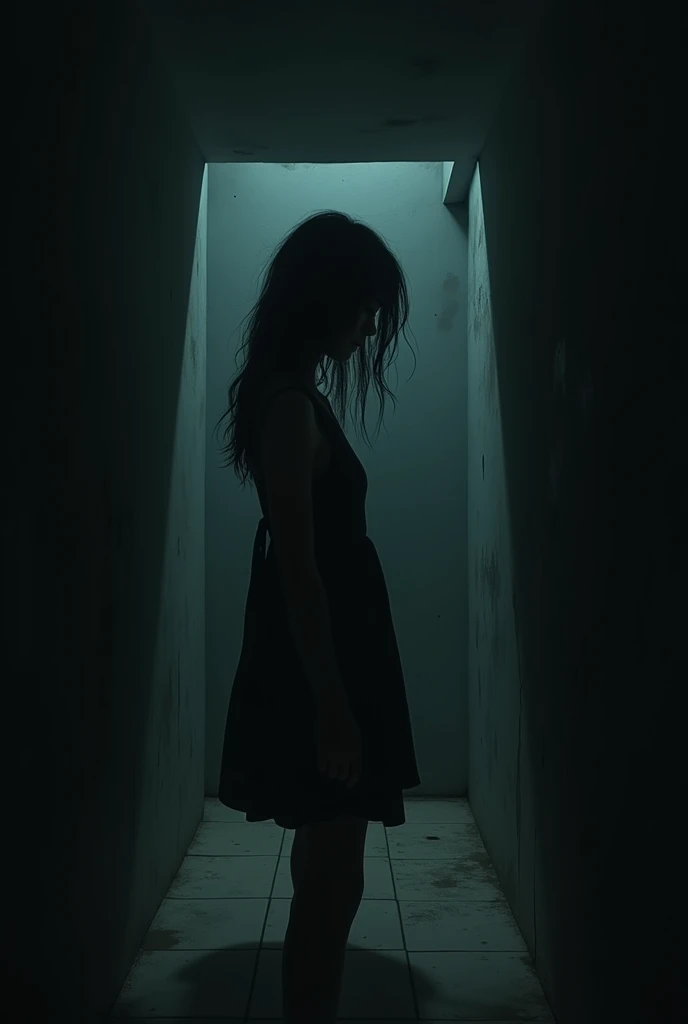 Shadow of a woman leaning against a wall in a dark place