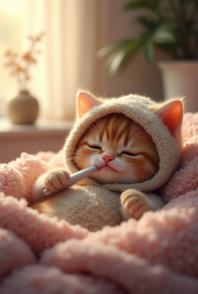 「A kitten who has caught a cold and is not feeling well、He is lying in bed with a thermometer in his mouth and a painful expression on his face.。 Wearing fluffy warm loungewear、It reflects both a comfortable and uncomfortable atmosphere.。"