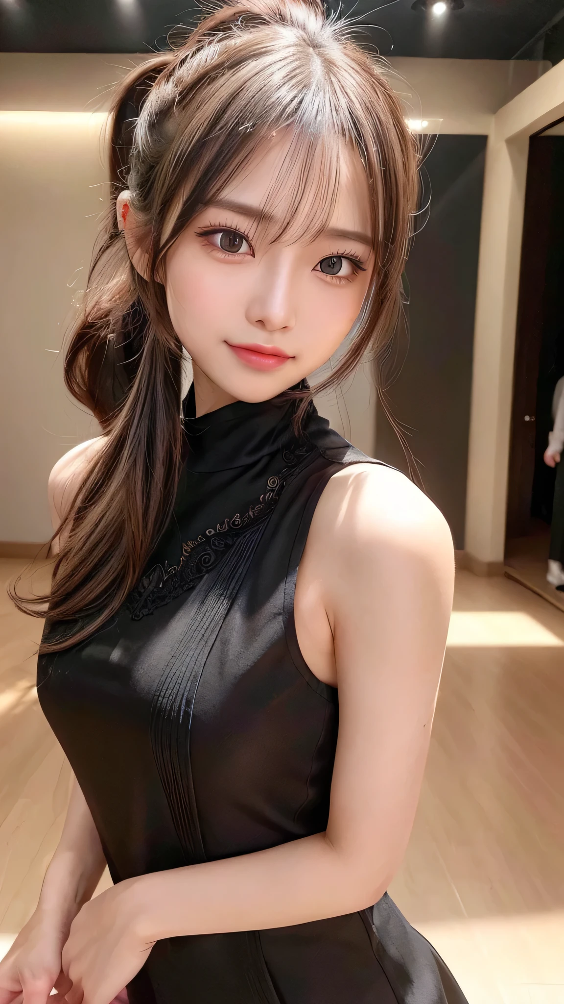 Full body shot,Fashion show,walking down the runway in a long expensive black dress,Ultra-detailed, finely detail, hight resolution, 8K Wallpaper, Perfect dynamic composition, Beautiful detailed eyes,,Close-up of face,,Blushing,Facing forward,Long hair ponytail,((8k, Raw photo, Best Quality, Mastepiece:1.2), (Realism, Photorealistic:1.4), (Highly detailed 8K wallpapers), Depth of written boundary, Cinematic Lighting, Soft Light, Detailed Beauty Eye,Shiny and smooth light brown ponytail, Asymmetrical bangs, Shiny skin, Ultra-detailed skins ,It is high resolution., High detail, Detailed hairstyle, Detailed facial beauty, Hyper-realistic, Perfect limbs, Perfect Anatomy ,Of Japanese,Famous Japanese Idols, Perfect female body,A shy smile,Short eyelashes,Double-edged eyelids,Look straight here,Hair style: ponytail,