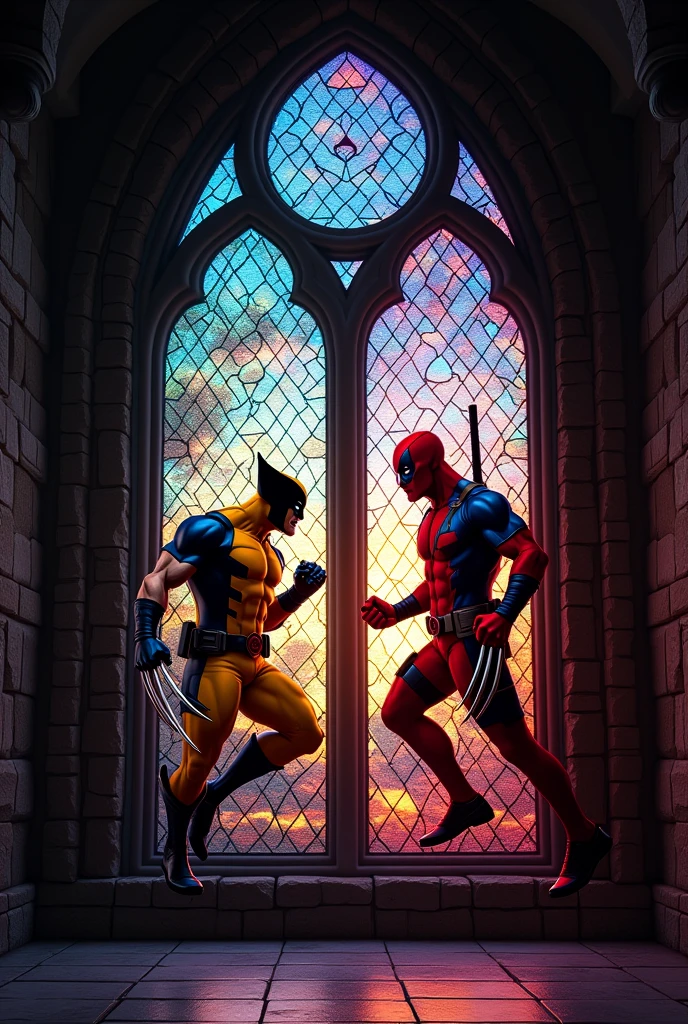 “Create a 8k, High-resolution, highly photorealistic photography of a gothic-style stained glass window set within an arched stone frame. The window is divided into two panels, each with intricate, colorful designs. One panel features Wolverine as part of the stained glass in a dynamic pose, ready for combat, with each color represented as a separate piece of glass and with claws. The other panel displays Deadpool as part of the stained glass in a fighting stance, with each color represented as a separate piece of glass and without claws. The surrounding stonework of the window has fine masonry details typical of gothic architecture with pointed arches above each panel. Behind the stained glass window, there is a park with trees and the sky at sunset, which modifies the light entering the church. The stained glass window is semi-transparent, allowing the park outside to be seen through them. The interior of the church is dark and gloomy, only illuminated by the stained glass windows that project vibrant colors onto the stone floor. The stained glass windows are on the left side of the image, while the center and right side show the luminous projection of the stained glass windows. Additionally, apply a cinematic filter to give texture to the environment and generate more realistic lights and shadows within the church. The light filtering through casts vibrant hues onto the interior stone walls of what appears to be a church setting.”