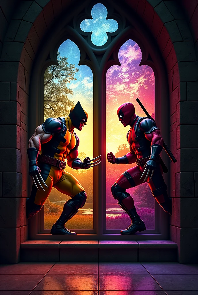 “Create a 8k, High-resolution, highly photorealistic photography of a gothic-style stained glass window set within an arched stone frame. The window is divided into two panels, each with intricate, colorful designs. One panel features Wolverine as part of the stained glass in a dynamic pose, ready for combat, with each color represented as a separate piece of glass and with claws. The other panel displays Deadpool as part of the stained glass in a fighting stance, with each color represented as a separate piece of glass and without claws. The surrounding stonework of the window has fine masonry details typical of gothic architecture with pointed arches above each panel. Behind the stained glass window, there is a park with trees and the sky at sunset, which modifies the light entering the church. The stained glass window is semi-transparent, allowing the park outside to be seen through them. The interior of the church is dark and gloomy, only illuminated by the stained glass windows that project vibrant colors onto the stone floor. The stained glass windows are on the left side of the image, while the center and right side show the luminous projection of the stained glass windows. Additionally, apply a cinematic filter to give texture to the environment and generate more realistic lights and shadows within the church. The light filtering through casts vibrant hues onto the interior stone walls of what appears to be a church setting.”