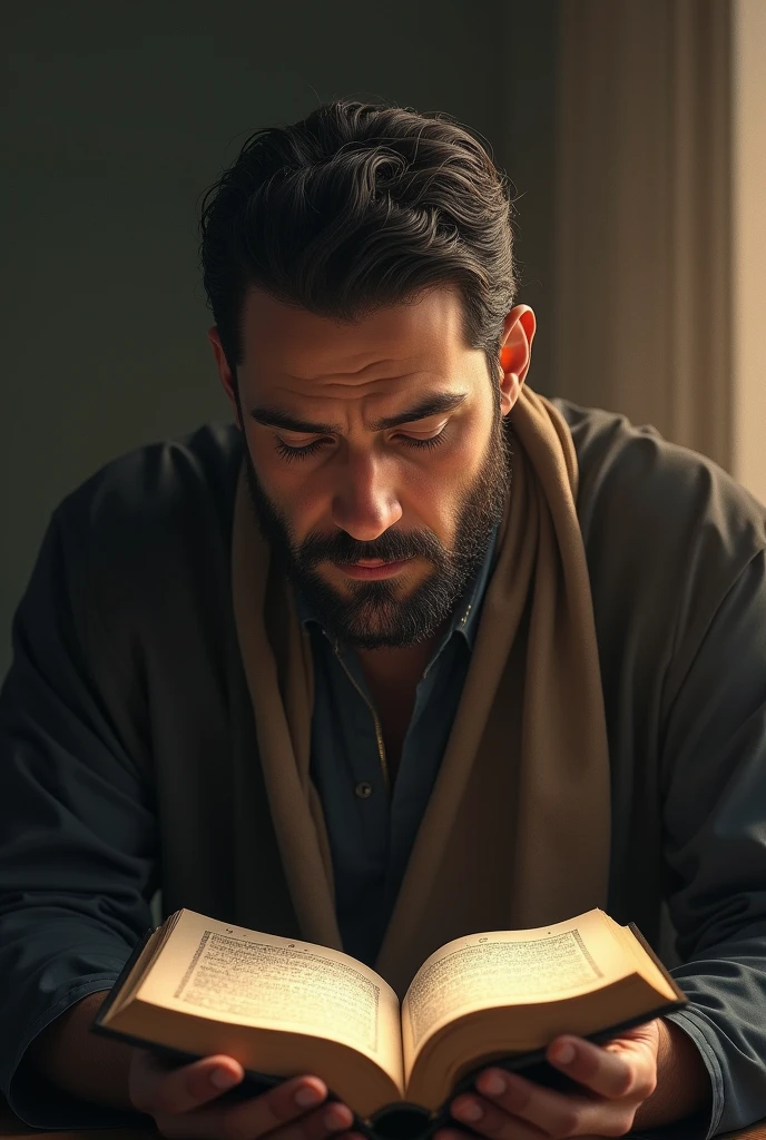Ali is thinking deeply about a verse from the Quran, with a look of gradual understanding emerging on his face.