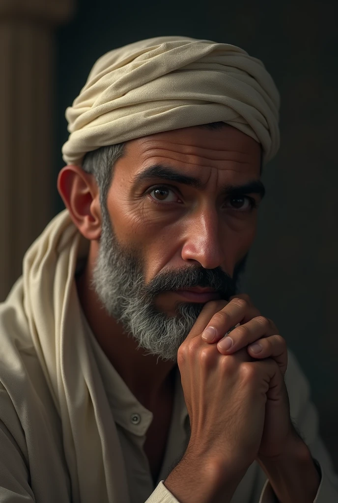 Ali is thinking deeply about a verse from the Quran, with a look of gradual understanding emerging on his face.