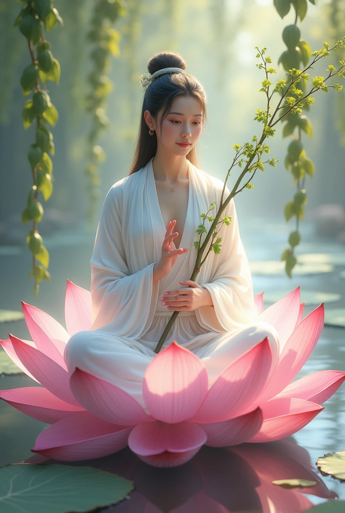 drawing of a beautiful girl wearing a white robe, holding a willow branch and sitting on a pink lotus, she is the reincarnation of Bodhisattva Avalokiteshvara