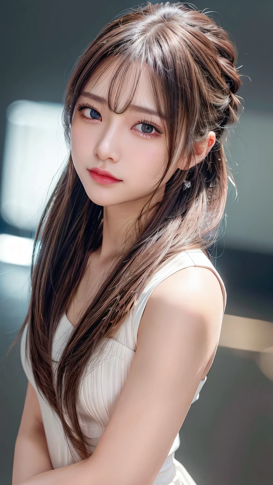 Full body shot,Fashion show,walking down the runway in a long expensive black dress,Ultra-detailed, finely detail, hight resolution, 8K Wallpaper, Perfect dynamic composition, Beautiful detailed eyes,,Close-up of face,,Blushing,Facing forward,Long hair ponytail,((8k, Raw photo, Best Quality, Mastepiece:1.2), (Realism, Photorealistic:1.4), (Highly detailed 8K wallpapers), Depth of written boundary, Cinematic Lighting, Soft Light, Detailed Beauty Eye,Shiny and smooth light brown ponytail, Asymmetrical bangs, Shiny skin, Ultra-detailed skins ,It is high resolution., High detail, Detailed hairstyle, Detailed facial beauty, Hyper-realistic, Perfect limbs, Perfect Anatomy ,Of Japanese,Famous Japanese Idols, Perfect female body,A shy smile,Short eyelashes,Double-edged eyelids,Look straight here,Hair style: ponytail,