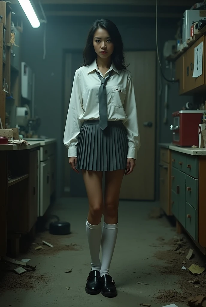 (best quality:10k, high res, masterpiece:1.2), ultra-detailed, ((photo-realistic:1.37)), ((best quality)), ((masterpiece)), (detailed), ((full body)), ((NSFw)), ((grey pleated ultra-micro showing a glimpse of white panties beneath the hemline)), (white shirt), ((white kneesocks)), ((black shoes)), ((grey neckties)), ((can see a little chest through blouse)), ((in a darkened basement room with filled with junk)), ((no windows)),