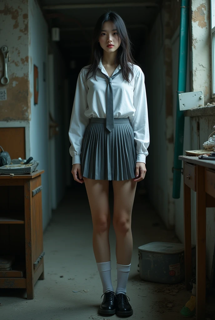 (best quality:10k, high res, masterpiece:1.2), ultra-detailed, ((photo-realistic:1.37)), ((best quality)), ((masterpiece)), (detailed), ((full body)), ((NSFw)), ((grey pleated ultra-micro showing a glimpse of white panties beneath the hemline)), (white shirt), ((white kneesocks)), ((black shoes)), ((grey neckties)), ((can see a little chest through blouse)), ((in a darkened basement room with filled with junk)), ((no windows)),
