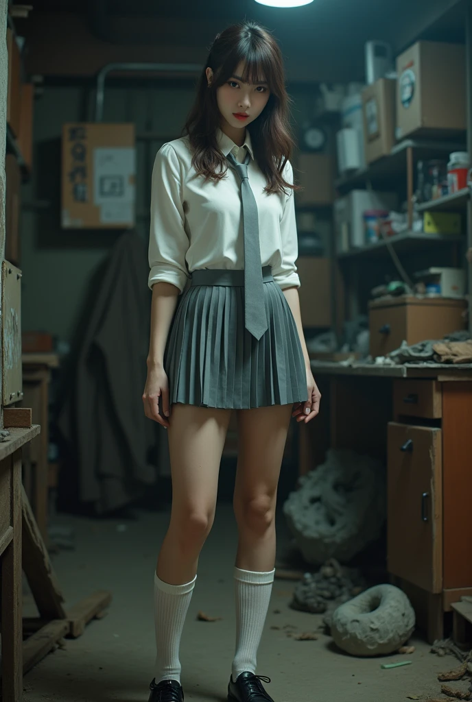 (best quality:10k, high res, masterpiece:1.2), ultra-detailed, ((photo-realistic:1.37)), ((best quality)), ((masterpiece)), (detailed), ((full body)), ((NSFw)), ((grey pleated ultra-micro showing a glimpse of white panties beneath the hemline)), (white shirt), ((white kneesocks)), ((black shoes)), ((grey neckties)), ((can see a little chest through blouse)), ((in a darkened basement room with filled with junk)), ((no windows)),