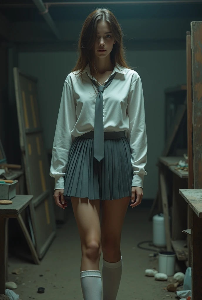 (best quality:10k, high res, masterpiece:1.2), ultra-detailed, ((photo-realistic:1.37)), ((best quality)), ((masterpiece)), (detailed), ((full body)), ((NSFw)), ((grey pleated ultra-micro showing a glimpse of white panties beneath the hemline)), (white shirt), ((white kneesocks)), ((black shoes)), ((grey neckties)), ((can see a little chest through blouse)), ((in a darkened basement room with filled with junk)), ((no windows)),