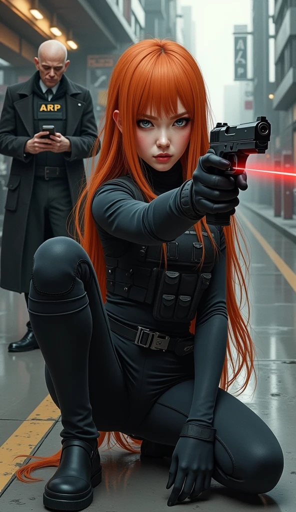 (work of art,Distinctive Quality,mirror-like,Cinematic experience,insanely detaileda,absurderes),8k,wall-paper,(best illustrations:2.0),(a one woman:2.0),(motoko kusanagi:2.0),(Ghost in the Shell style worldview:2.0),(Black tactical bodysuit:2.0),(Heavy black bulletproof vest:2.0),(black gloves:2.0),(long vibrant orange hair:2.0),(gorgeous eyes),(face detailed),(Detailed hand drawing feminina:2.0),(sexly:2.0),(He kneels down and points a pistol at me..:2.0),(Lift your right knee:2.0),(The background is Tokyo, where science and technology developed.:2.0),(Drawing in monochrome:2.0),(sf:2.0),(A pistol with a laser pointer under the barrel:2.0),(Point your pistol's red laser pointer at me:2.0)
there is also a man,(a 2 English man:2.0),brown hair and thin beard,(Ghost in the Shell style worldview:2.0),(black tactical overcoat:2.0),(Heavy black bulletproof vest:2.0),(written vest "ARP":1.8),(black gloves:2.0),(thin, thin-faced boy:2.0),(gorgeous eyes),(face detailed),(Detailed hand drawing:2.0),(He is standing and fiddling with his cell phone..:2.0),(The background is Paris),(Drawing in monochrome:2.0),(noir:2.0),(looking at me with his head down and serious:2.0),kubrick stare.
