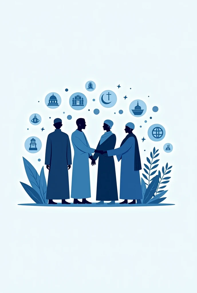 Create a high-quality image featuring Slate Blue icons or illustrations representing social and cultural aspects like community and diversity on a transparent background. A people of group represents unity as four religion muslim,buddhists,hindus,christians
