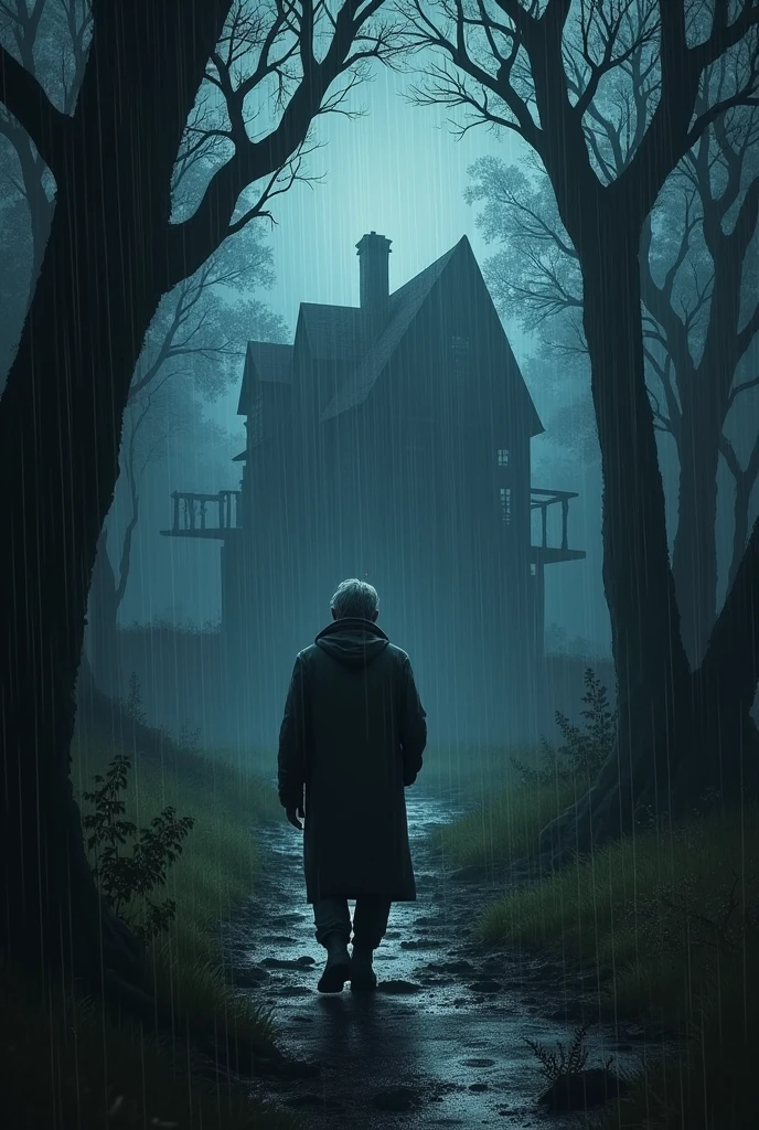 Full rain night hunted house in forest Father going there