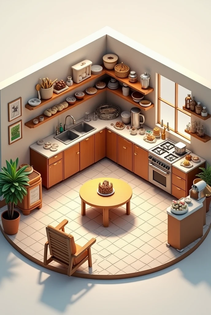 (photorealism:1.2), hobby room which is bakery hobby. miniature layout, isometric view. room is round and tidy. the layout is circle and the room is detail with bakery