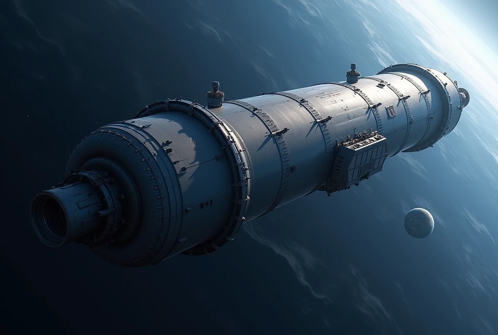 **Hyperdetailed Cylindrical Space Colony:**

- **Structure**: A massive, elongated cylinder floating in space. Its length is 5-6 times its diameter.
- **Exterior**: Smooth, reflective metallic surface with visible solar panels and radiators along the sides.
- **Ends**: Each end has a large circular cap, possibly with docking ports.
- **Scale**: The colony should appear at least 100 times larger than any nearby spacecraft.
- **Lighting**: Sunlight is coming from one side, creating a gradient from light to shadow across the curve.
- **Perspective**: The cylinder is viewed at a slight angle, highlighting its cylindrical shape. Not viewed directly from the side or end.

**Background:**

- **Space**: A dark blue space background, not black.
- **Earth**: A small Earth, appearing as a tiny blue and white marble in the distance.
- **Exclusion**: Absolutely no stars, planets, nebulae, or any other objects in the background.

**Style:**

- **Photorealistic**: High contrast, sharp details. Not cartoonish or stylized.

**Exclusions:**

- **No Interior Views**: Do not include any internal structures or cutaways.
- **No Other Objects**: No other space stations, ships, or objects should be included.
- **No Text or Labels**: No text, labels, or annotations on the image.