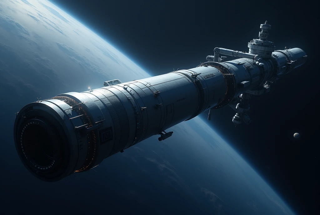 **Hyperdetailed Cylindrical Space Colony:**

- **Structure**: A massive, elongated cylinder floating in space. Its length is 5-6 times its diameter.
- **Exterior**: Smooth, reflective metallic surface with visible solar panels and radiators along the sides.
- **Ends**: Each end has a large circular cap, possibly with docking ports.
- **Scale**: The colony should appear at least 100 times larger than any nearby spacecraft.
- **Lighting**: Sunlight is coming from one side, creating a gradient from light to shadow across the curve.
- **Perspective**: The cylinder is viewed at a slight angle, highlighting its cylindrical shape. Not viewed directly from the side or end.

**Background:**

- **Space**: A dark blue space background, not black.
- **Earth**: A small Earth, appearing as a tiny blue and white marble in the distance.
- **Exclusion**: Absolutely no stars, planets, nebulae, or any other objects in the background.

**Style:**

- **Photorealistic**: High contrast, sharp details. Not cartoonish or stylized.

**Exclusions:**

- **No Interior Views**: Do not include any internal structures or cutaways.
- **No Other Objects**: No other space stations, ships, or objects should be included.
- **No Text or Labels**: No text, labels, or annotations on the image.