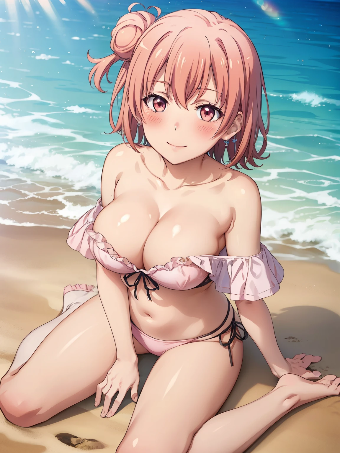 ((Highest quality, High resolution,  Perfect Pixel,  4K)),  (Beautiful Anime), 
Watching the audience, 
Perfect body, 

yuigahama yui, (Big Breasts:1.1)、short hair, Single hair bun、
Depth of written boundary、

off-shoulder 比基尼, [pink] 比基尼,

Seaside　blue sky　Palm tree、
Wariza、From above、

(blush:1.3)、smile、

belly button、