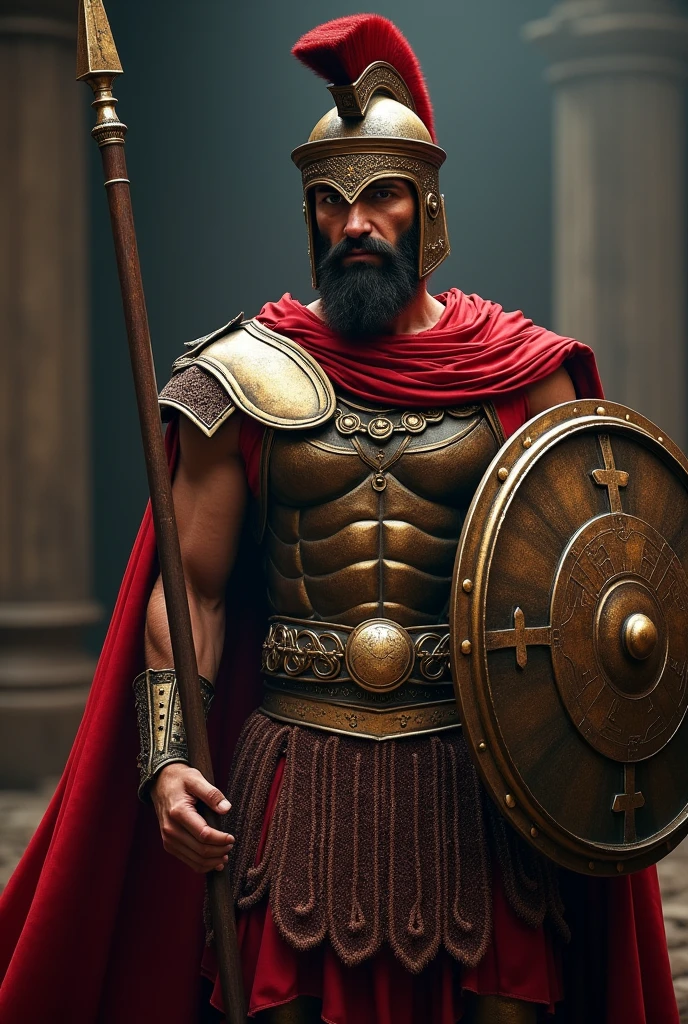 Leonidas rey de Esparta, con intricate details insanely armadura completa de hoplita griego, incluye un escudo redondo, una capa roja y en su mano porta una lanza larga. 3D effect ultra-detailed intricate insanely full HD, spotlight embroidery, accents, intense gaze, digital painting cinematic film light, expressive eyes, ultra-realistic, ultra detailed, photorealistic,