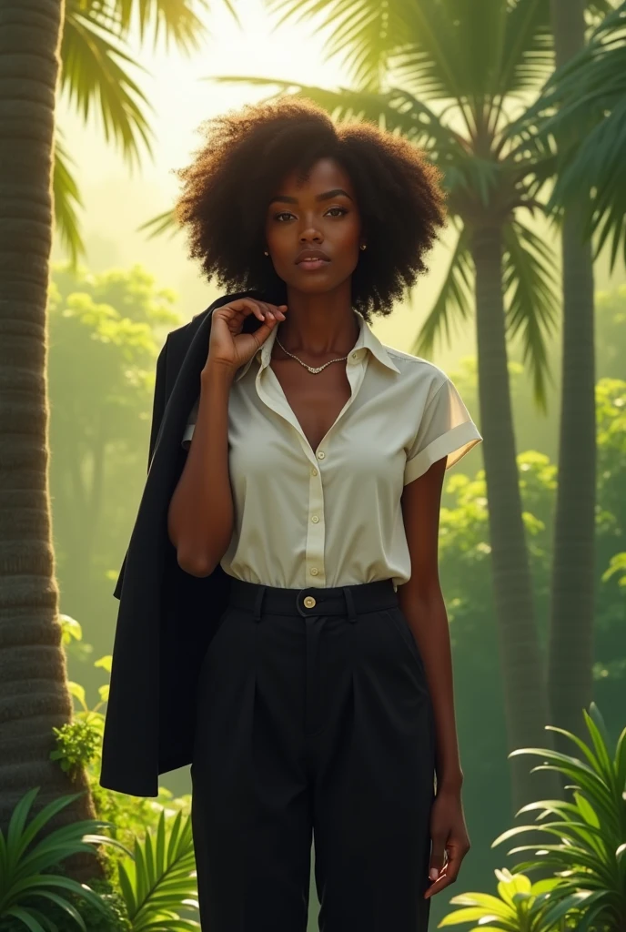A black intersex person in an environment that demonstrates lightness and strength (involving the tropical Brazilian nature), wearing a basic outfit (white folded short sleeve blouse, with black tailored pants, and a black blazer resting on the left shoulder)