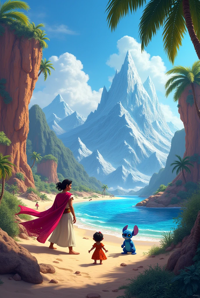 Design a background that includes the characteristics of Aladdin, frozen y lilo stich (playa, snow and desert)