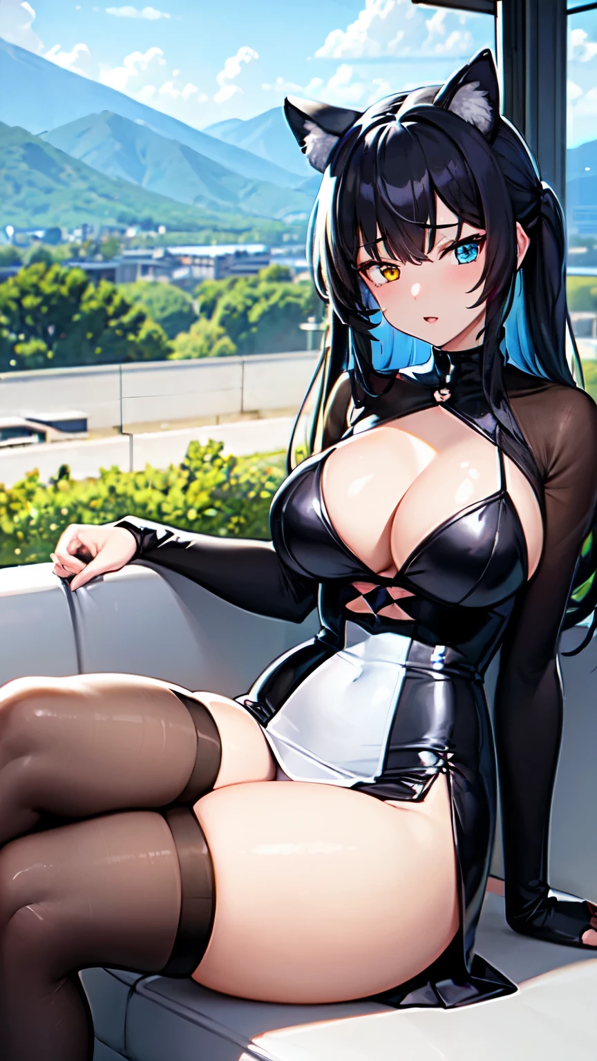 1girl, lounge bar, sitting outside, mountain view, thicc panther girl, black hair, eye heterochromia, animal ears, teardrop boobs, sexy dress, bright colors, 4k, wallpaper art, full body character