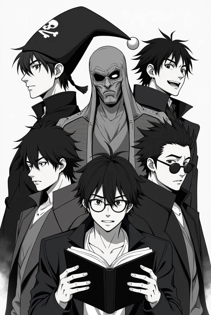 Make 5 men jolly Rogers in anime style only in Black, White and shades of Grey: The first with round glasses and a book, The second with a jester hat and bard features, the third with millitary gadgets and The fourth with a ninja mask. 
The fifth looks like a pirate king. Dont mix The features between eachother