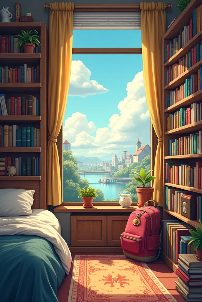 A room with a bookshelf with bed,and window with a great view and school bag hanging.
