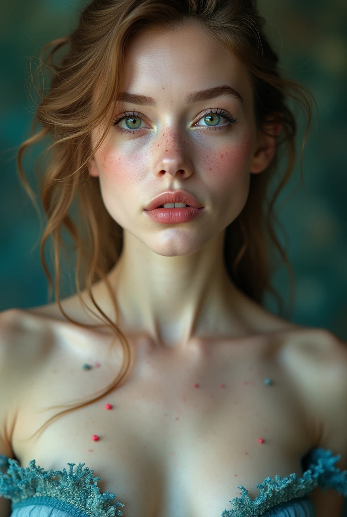 “Front portrait of a whimsical and colorful woman who resembles a mermaid. Light skin, young features, wide open eyes and delicate freckles on the nose and cheeks. Nude showing her vargina in sex position. Full choir.
