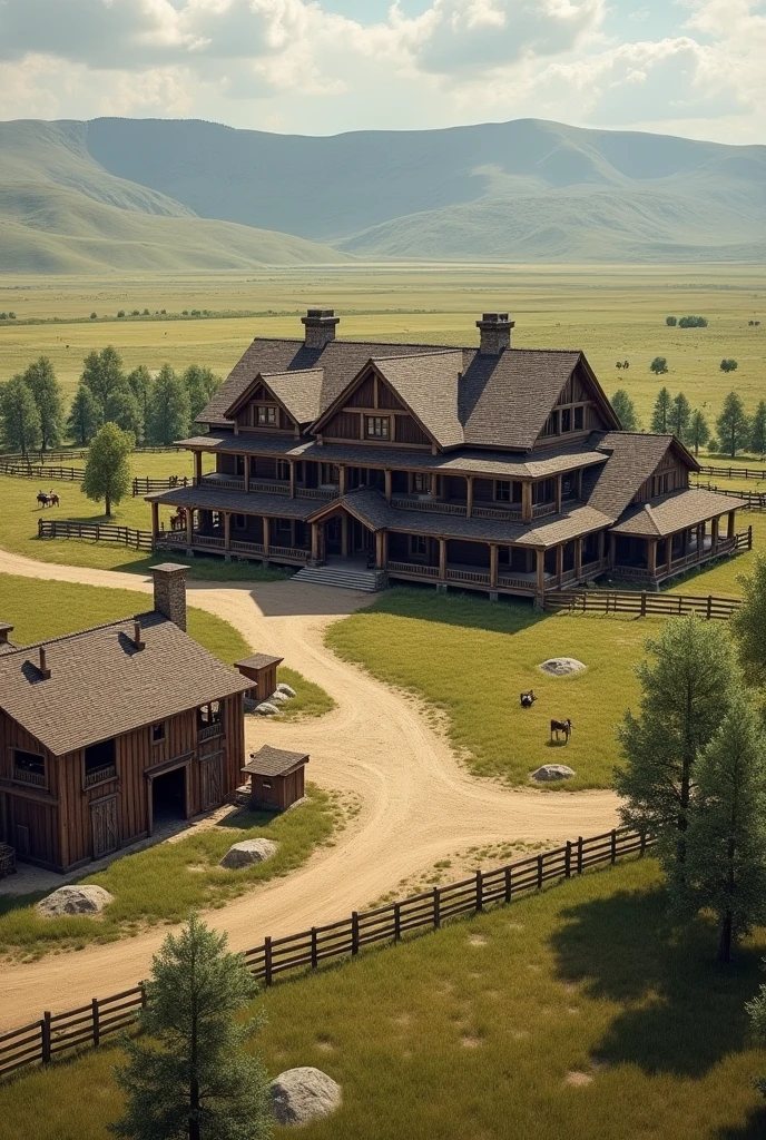 Make a large house inspired by John Dutton&#39;s house and a large farm inspired by John Dutton with a barn and animals and a large corral inspired by John Dutton 