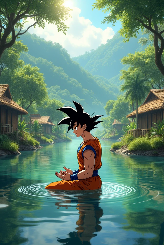 create an image of goku bathing in a river in oeiras do pará

