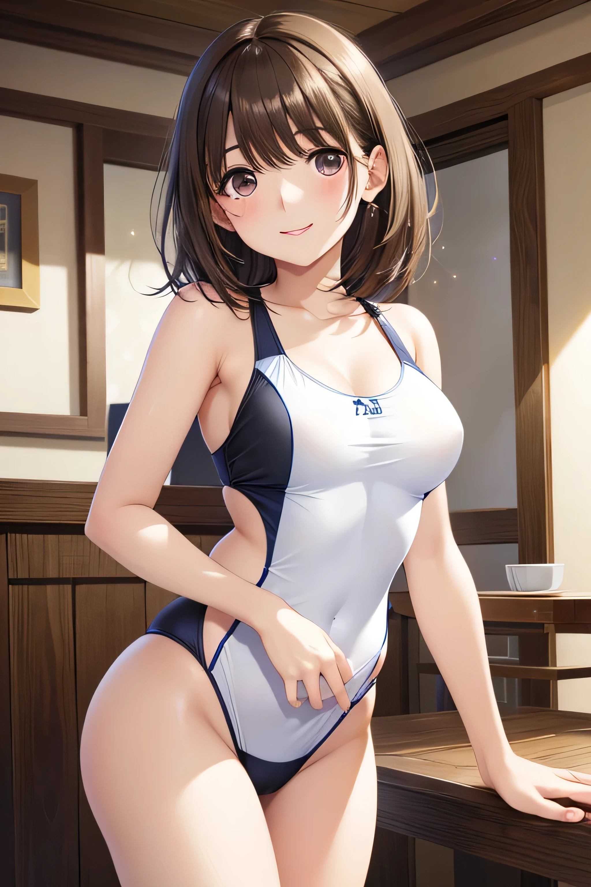Nene Kasaki々、Shiny brown hair, short hair, (Beautiful brown eyes、Sparkling eyes, fine grain)、smile、Very fine eye、Highly detailed face, Highly detailed eyes,Cowboy Shot、
(((Browsing Caution))), Anime Swimsuits