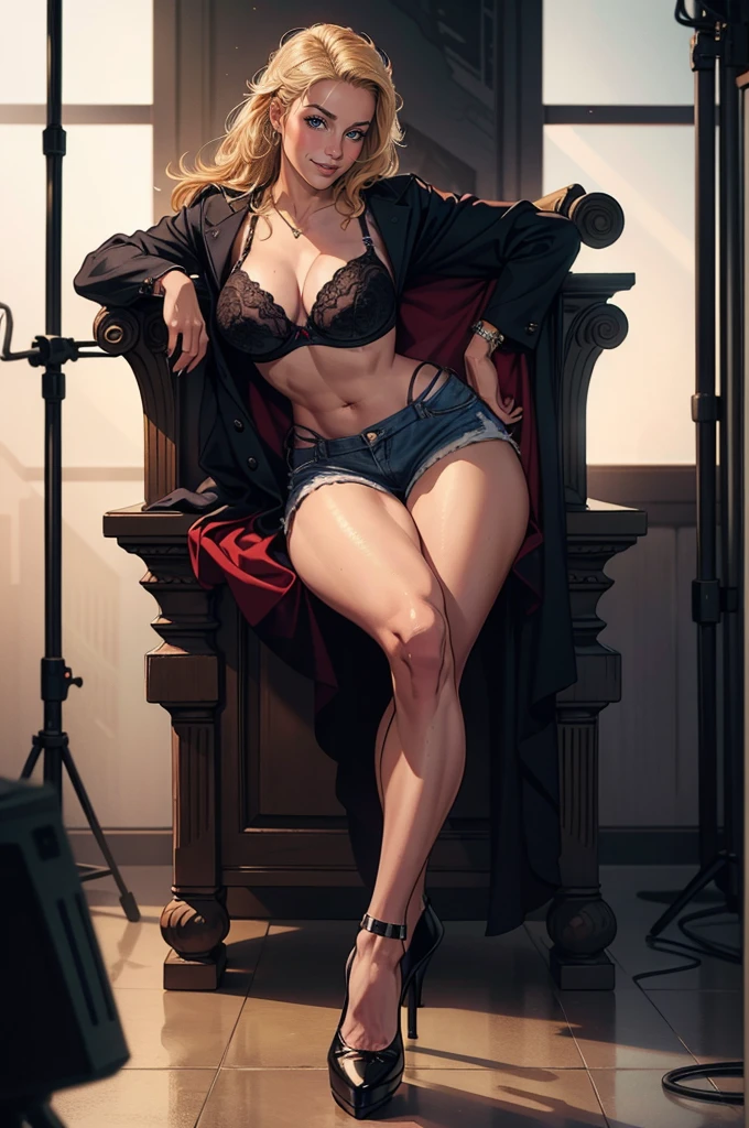 a  girl wearing a short shorts and a bra, full body wearing a high heels, beautiful detailed eyes, beautiful detailed lips, extremely detailed face, long eyelashes, highly detailed skin, flawless skin, dynamic pose, cinematic lighting, 8k, photorealistic, masterpiece, hyper detailed, studio lighting, physically-based rendering, sharp focus, vivid colors, fashion, girl, woman, female, attractive, sensual, seductive, realistic, high quality, elegant