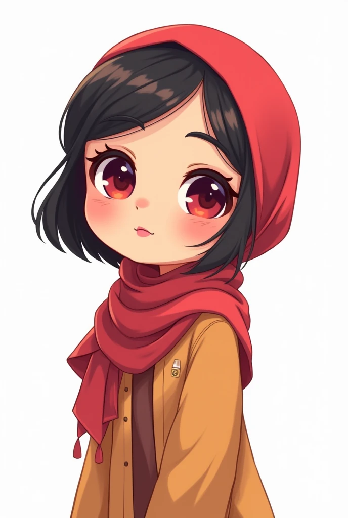 Chibi, Flat color, Single, Full body, cute, (Highest quality), Black hair red eyes, Bob cut, (hijab للمسلمين)shoulder hair, beautiful eyes, Big smile, Bright and curious personality, Mood Creators, cheery, Open mouth, (hijab), White background, (Masterpiece)