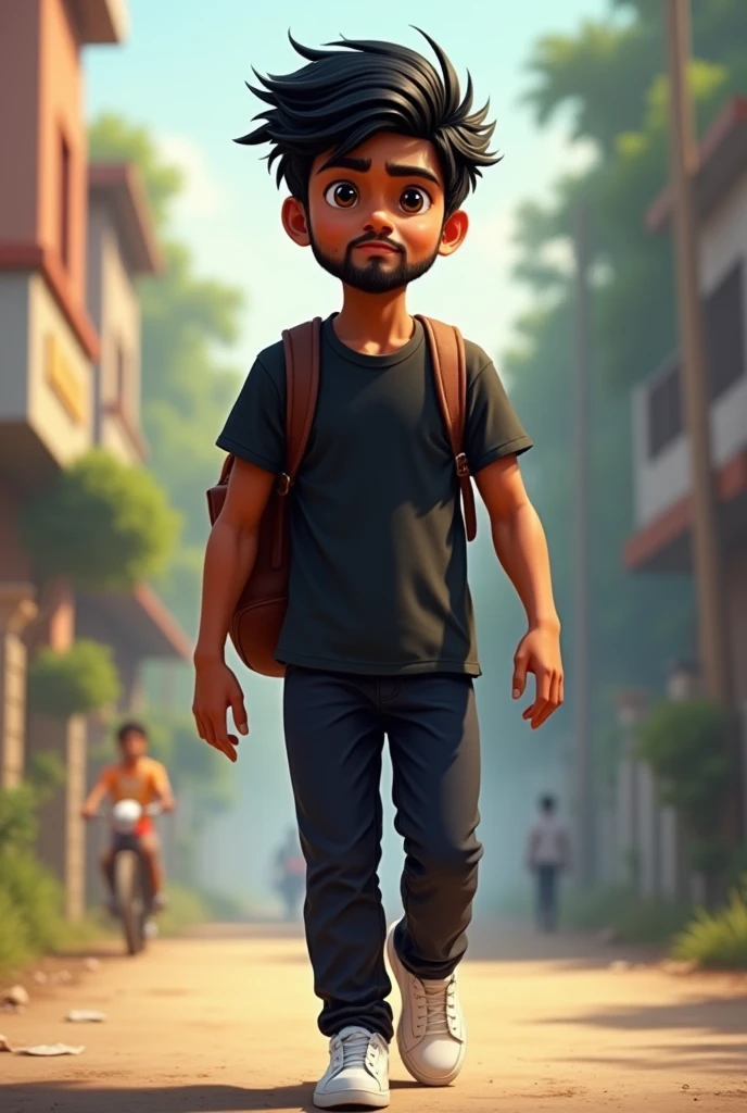 A 1 Indian boy, with little beard,bright skin,black tshirt and pants , white shoes,walking ,tall in height ,muscular,with a school bag,messy hair