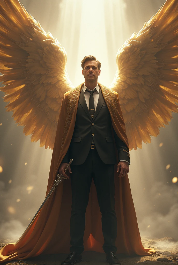 A successful man standing and behind him an angel guarding him with a sword