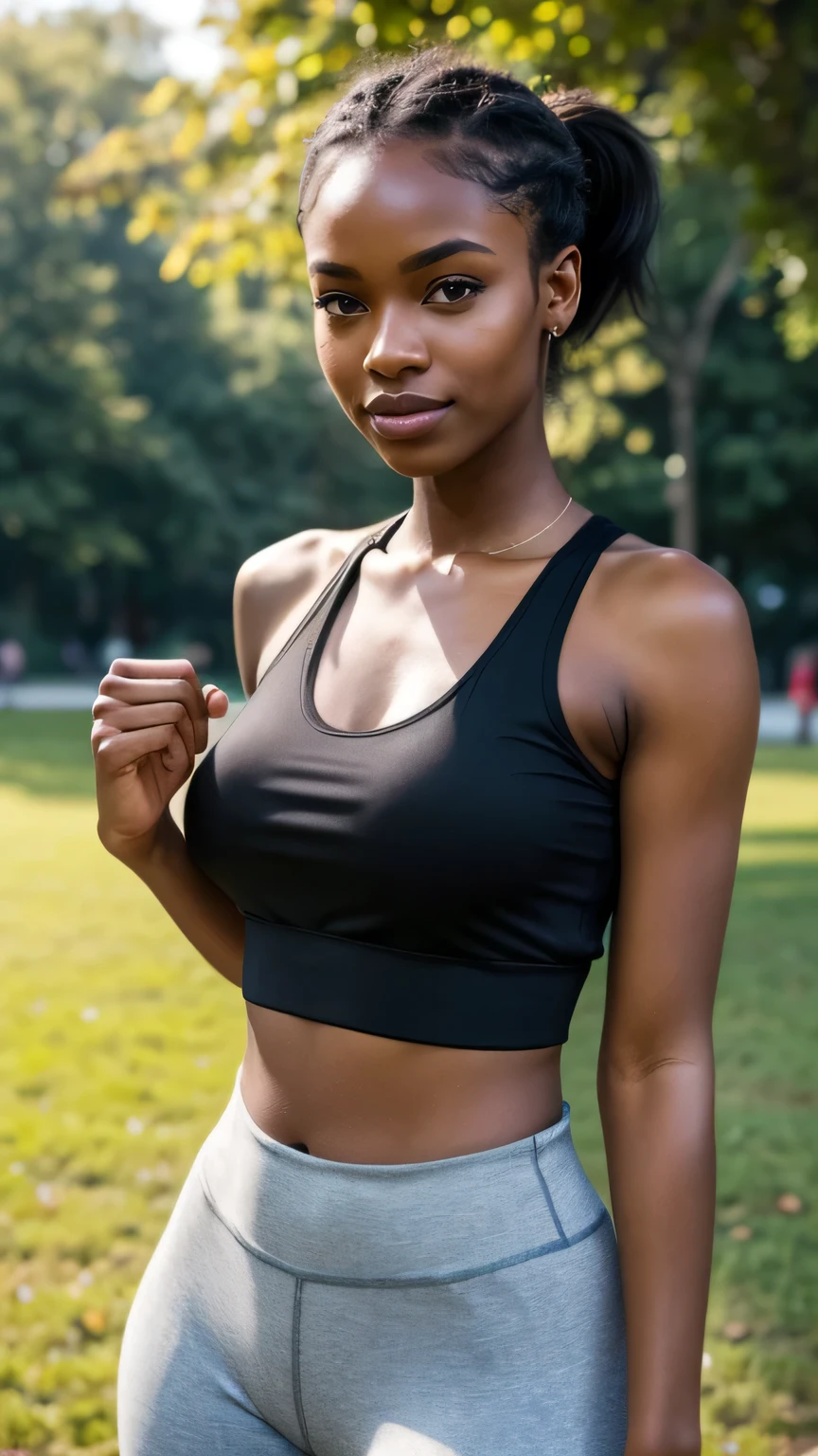 Realistic full body photo of a smiling, young black woman, ponytail hairstyle, black skin, She dances in front of the camera in a tank top with tight sports leggings ...., Park,glamour fotoshooting, Park, perfect anatomy, perfect brown eyes. Perfect hands with 5 fingers on each hand, Matching girl, look into the camera, 1 Frau. (Eye make up:1.1), (highly detailed skin:1.1), spirit, analog style, keen focus, 8K  UHD, dslr, good quality, Fujifilm XT3, Grain, Award-winning, ​masterpiece. Park