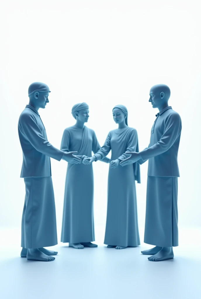 Create a high-quality image featuring Slate Blue icons or illustrations representing social and cultural aspects like community and diversity on a transparent background. A people of group represents unity as four religion muslim,buddhists,hindus,christians. Four of them holding hands.
