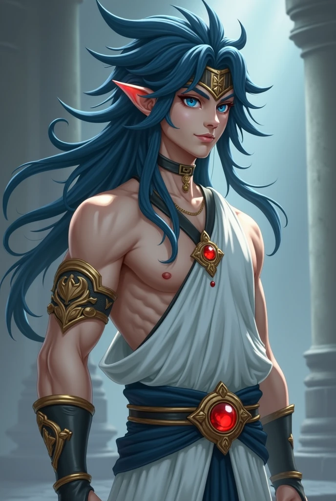 League of legends style, dark blue dreadlocks in the shape of tentacles, they had dark blue dreadlocks in the shape of tentaclesthe ends of their hair pointing up ancient warrior clothes, emperos clothes, masculine, young man without many muscles, no beard, human ears, black clothes, pingente de joia vermelha no pescoço, roupa que mostra o corpo, mask in the face, herecromia nos olhos