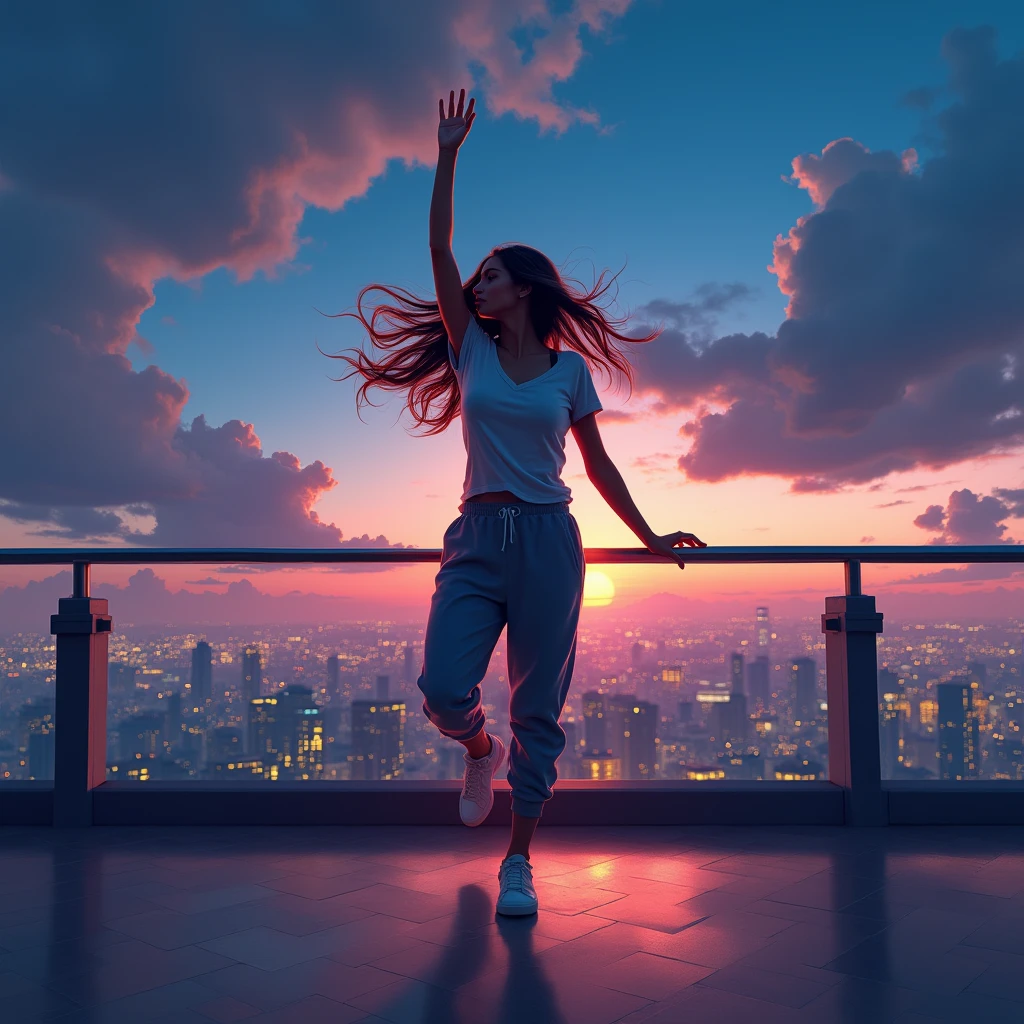 a woman in a t-shirt and sweatpants, long hair, dancing, night city, beautiful night skyline, spotlight, beautiful lighting, dynamic, one hand raised high