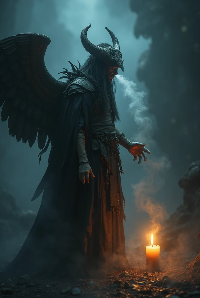 The shaman has three arms and a wing from behind his shoulder, his breath lights a candle