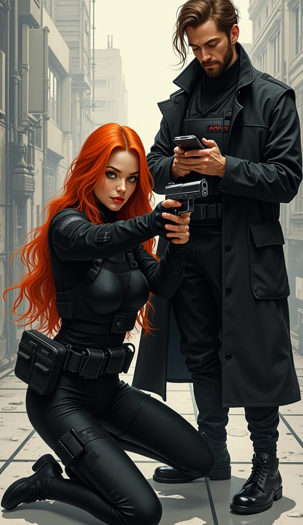 (work of art,Distinctive Quality,mirror-like,Cinematic experience,insanely detaileda,absurderes),8k,wall-paper,(best illustrations:2.0),(a one woman:2.0),(motoko kusanagi:2.0),(Ghost in the Shell style worldview:2.0),(Black tactical bodysuit:2.0),(Heavy black bulletproof vest:2.0),(black gloves:2.0),(long vibrant orange hair:2.0),(gorgeous eyes),(face detailed),(Detailed hand drawing feminina:2.0),(sexly:2.0),(He kneels down and points a pistol at me..:2.0),(Lift your right knee:2.0),(The background is Tokyo, where science and technology developed.:2.0),(Drawing in monochrome:2.0),(sf:2.0),(A pistol with a laser pointer under the barrel:2.0),(Point your pistol's red laser pointer at me:2.0).
there is also a man,(a 2 English man:2.0),brown hair and thin beard,(Ghost in the Shell style worldview:2.0),(black tactical overcoat:2.0),(Heavy black bulletproof vest:2.0),(written vest "ARP":1.8),(black gloves:2.0),(thin, thin-faced boy:2.0),(gorgeous eyes),(face detailed),(Detailed hand drawing:2.0),(He is standing and fiddling with his cell phone..:2.0),(The background is Paris),(Drawing in monochrome:2.0),(noir:2.0),(looking at me with his head down and serious:2.0),kubrick stare. Both are side by side,